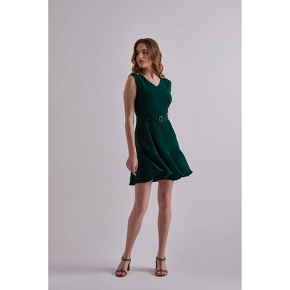 Torsha Green Polyester Emerald Daze Mini Dress with Belt for Women