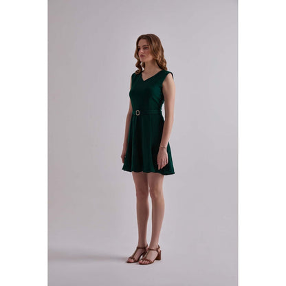Torsha Green Polyester Emerald Daze Mini Dress with Belt for Women