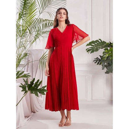 Torsha Red Georgette Alert Midi Dress for Women