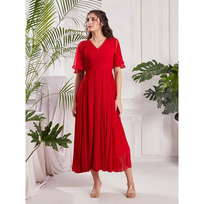 Torsha Red Georgette Alert Midi Dress for Women