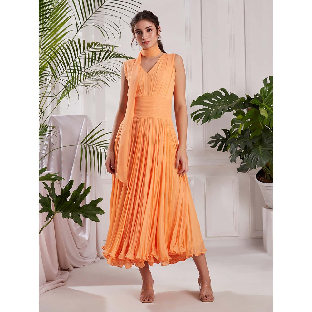 Torsha Peach Georgette Frill Your Way Midi Dress with Drape for Women