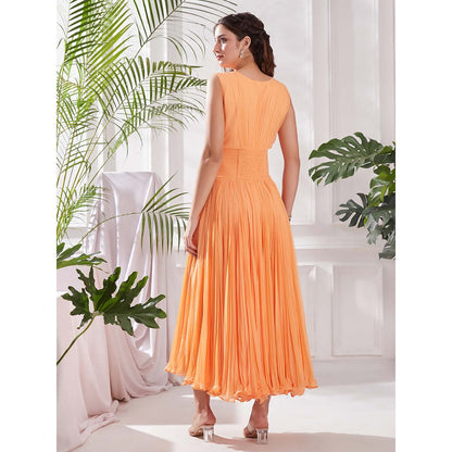 Torsha Peach Georgette Frill Your Way Midi Dress with Drape for Women