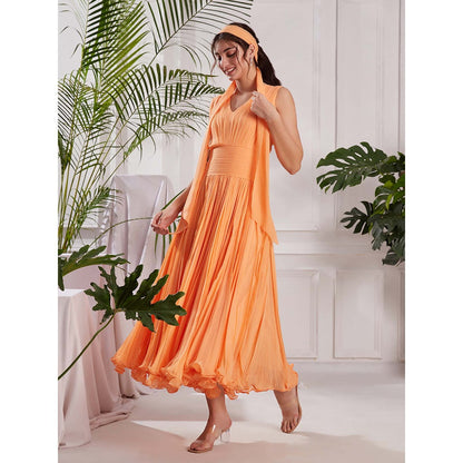 Torsha Peach Georgette Frill Your Way Midi Dress with Drape for Women