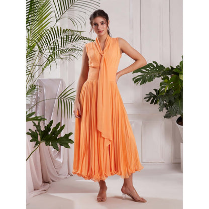 Torsha Peach Georgette Frill Your Way Midi Dress with Drape for Women