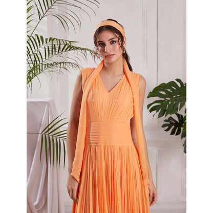 Torsha Peach Georgette Frill Your Way Midi Dress with Drape for Women
