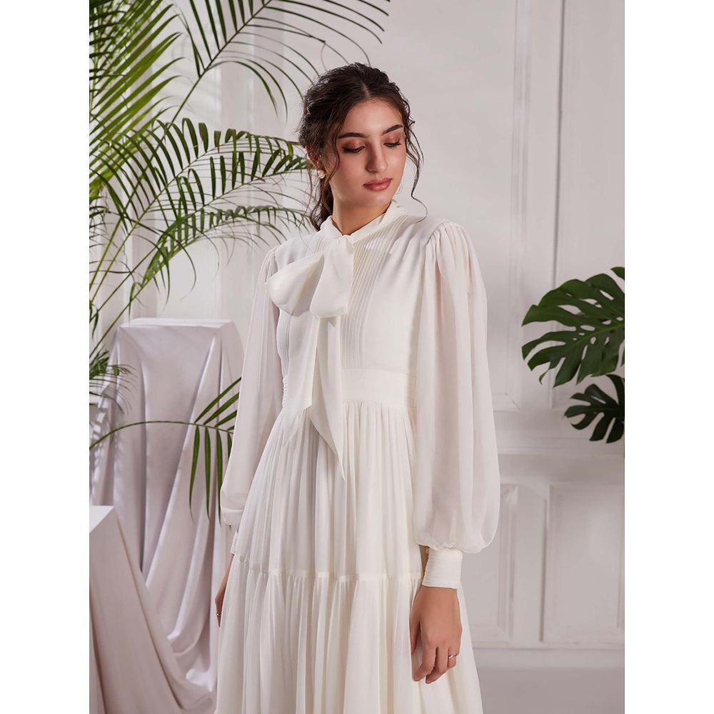 Torsha White Georgette Pearl Blossom Dress for Women