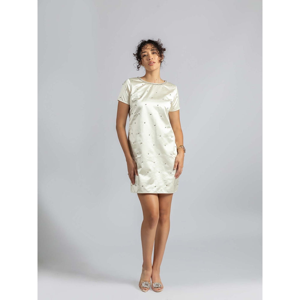 Torsha Off White Satin Pearl Mini Dress