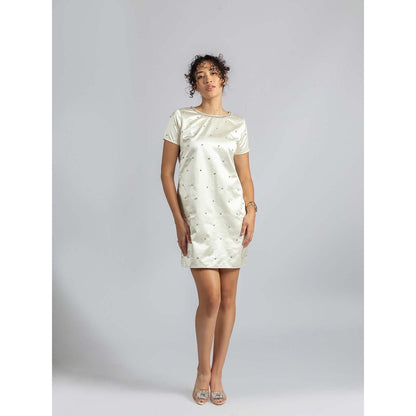 Torsha Off White Satin Pearl Mini Dress