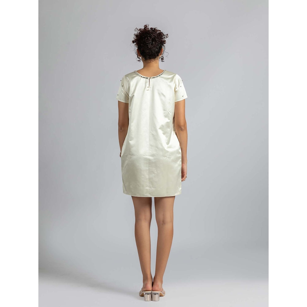 Torsha Off White Satin Pearl Mini Dress