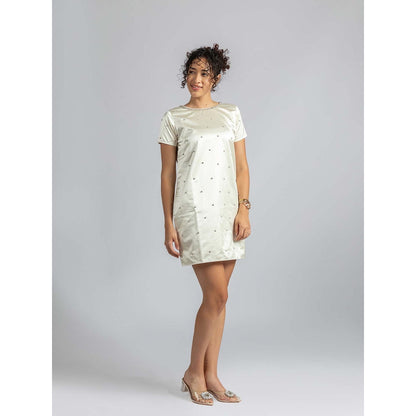 Torsha Off White Satin Pearl Mini Dress