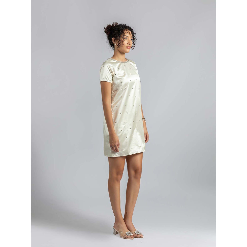 Torsha Off White Satin Pearl Mini Dress