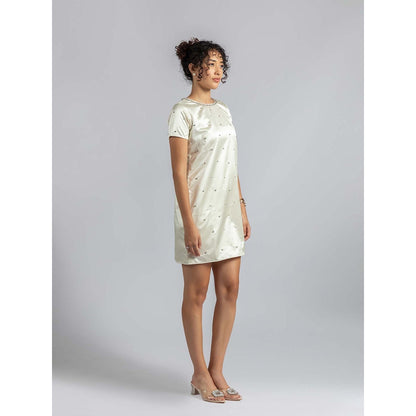 Torsha Off White Satin Pearl Mini Dress
