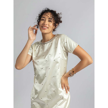 Torsha Off White Satin Pearl Mini Dress