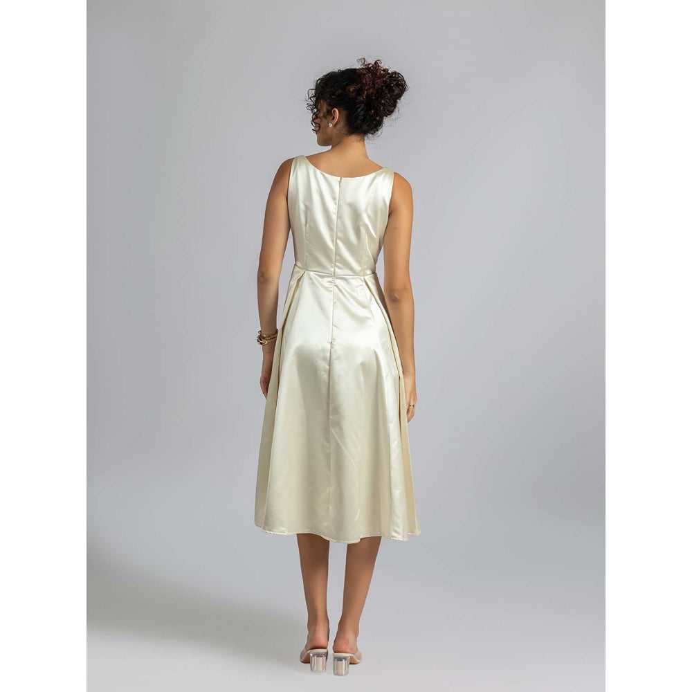 Torsha Off White Satin Pearl Midi Dress