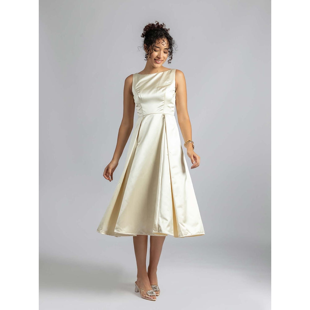 Torsha Off White Satin Pearl Midi Dress