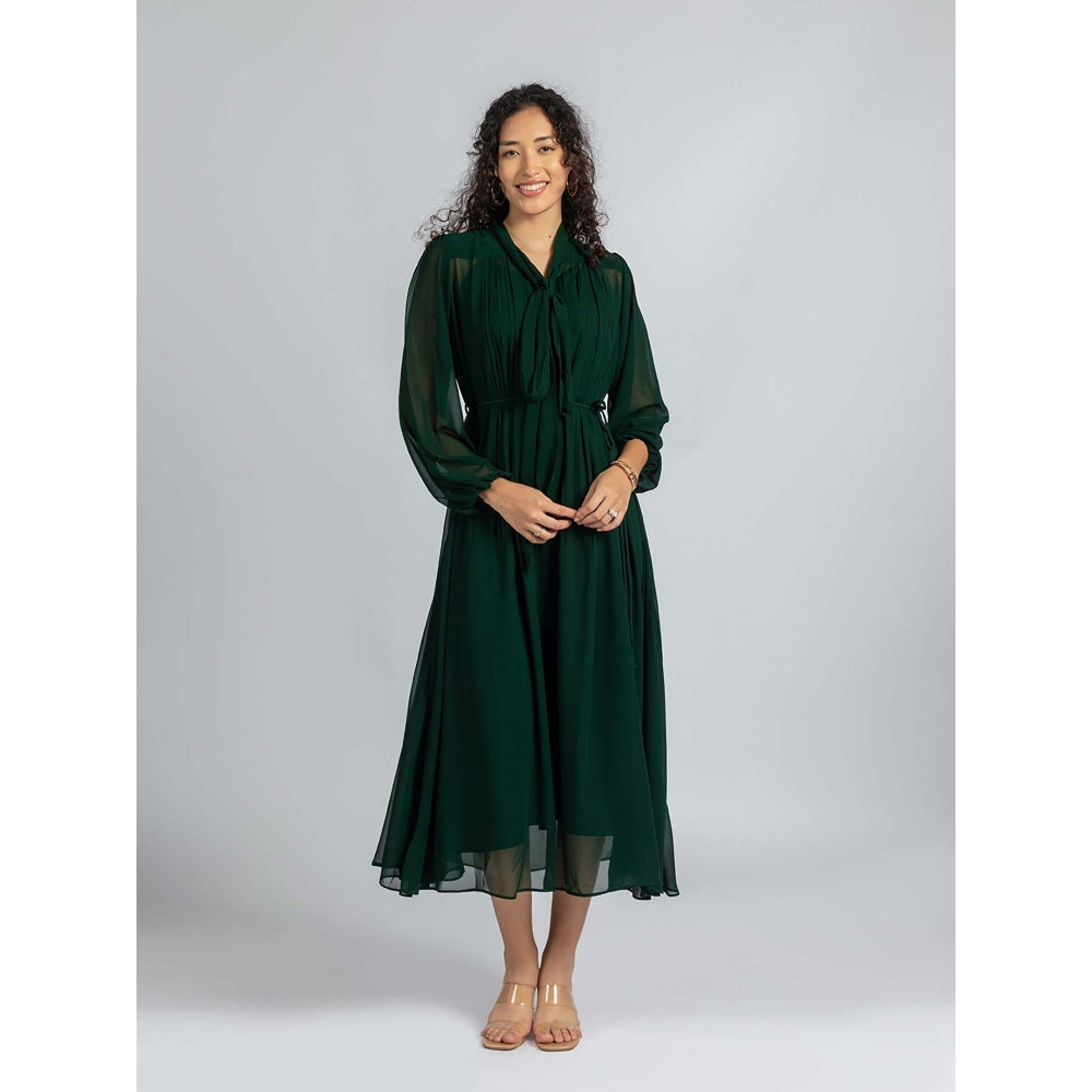 Torsha Green Bow and Flared Dress with Inner and Belt