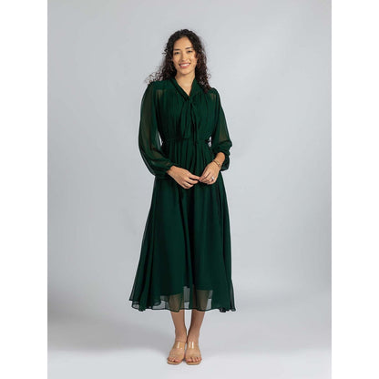 Torsha Green Bow and Flared Dress with Inner and Belt