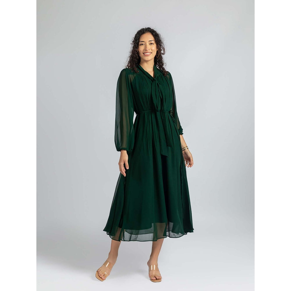 Torsha Green Bow and Flared Dress with Inner and Belt