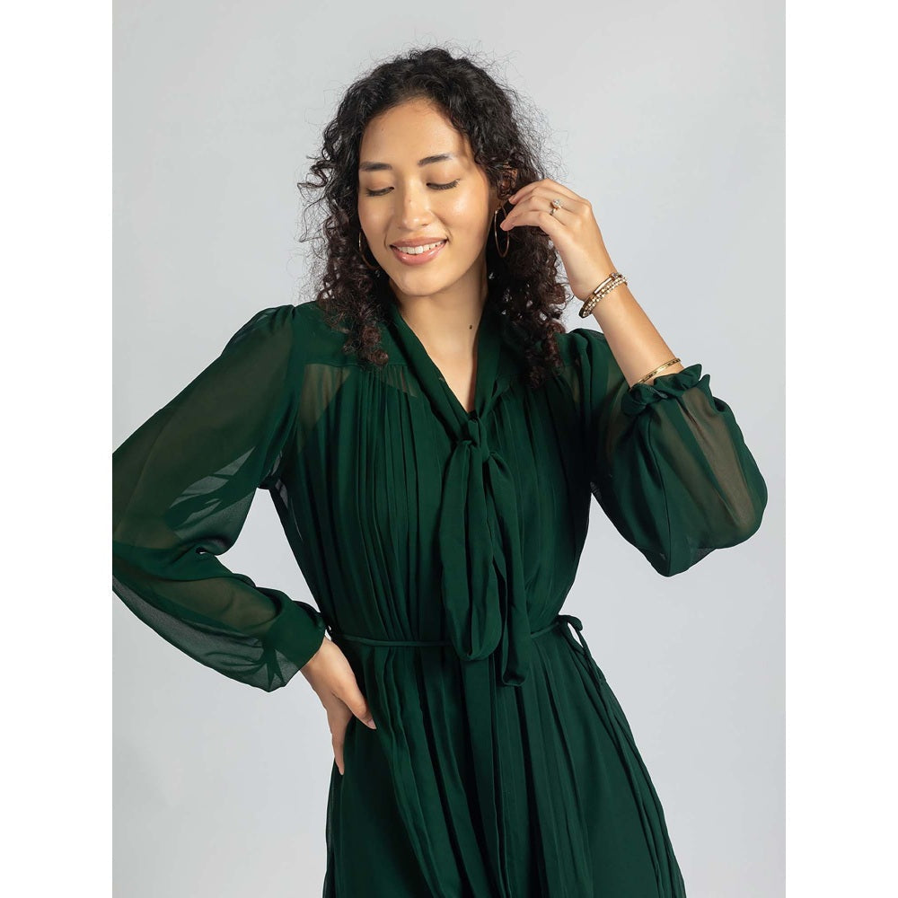 Torsha Green Bow and Flared Dress with Inner and Belt