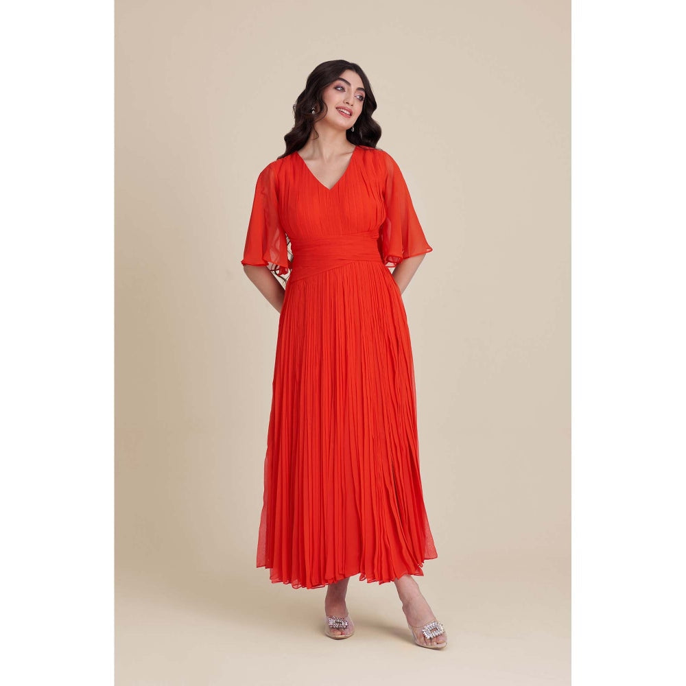 Torsha Orange Sun Flared Pleat Midi Dress