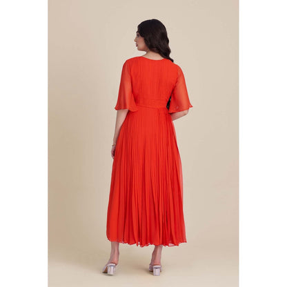 Torsha Orange Sun Flared Pleat Midi Dress