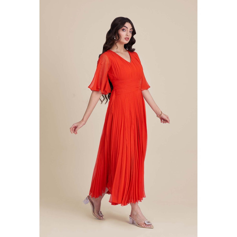 Torsha Orange Sun Flared Pleat Midi Dress