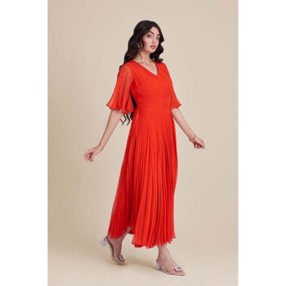 Torsha Orange Sun Flared Pleat Midi Dress