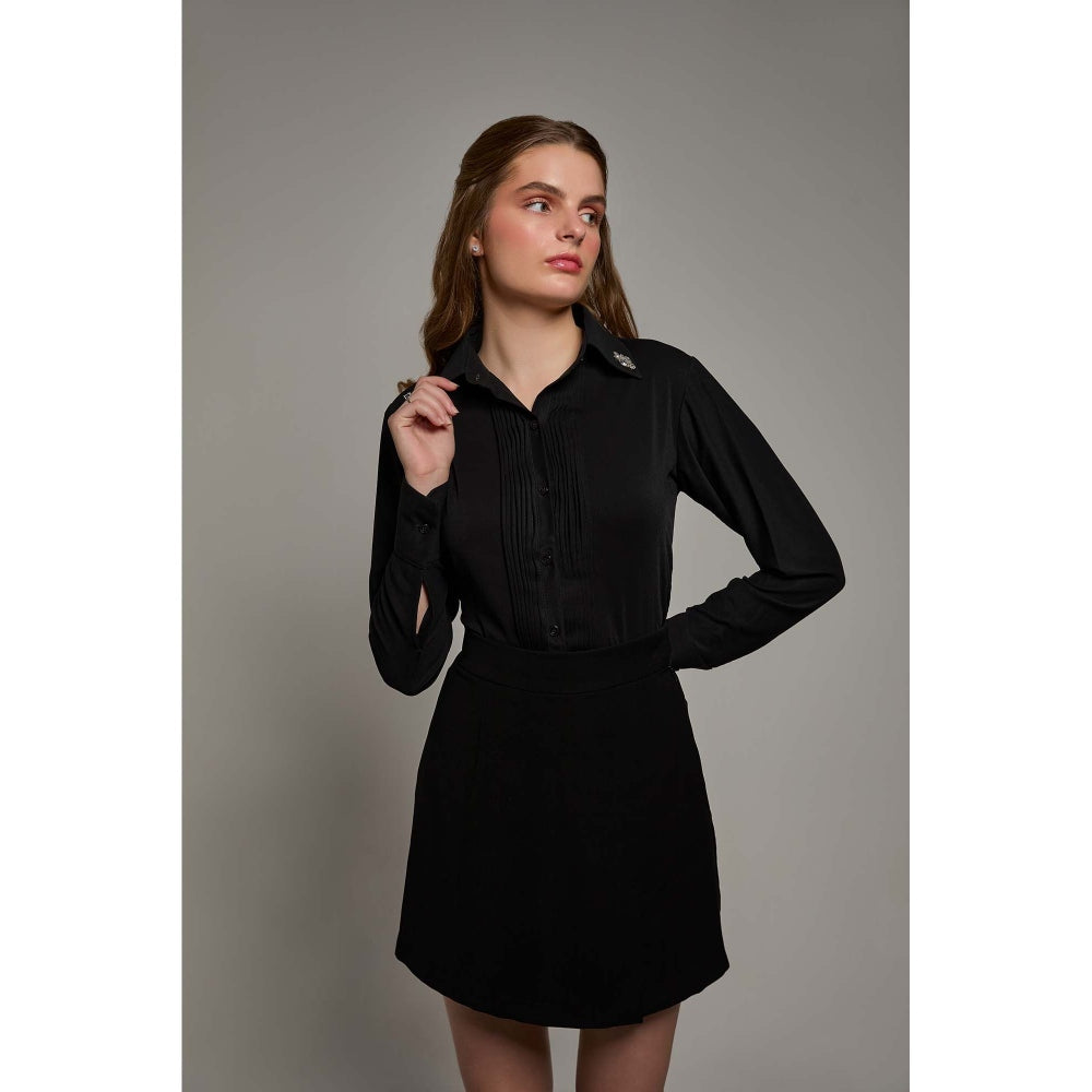 Torsha Black Polyester Midnight Bloom Shirt for Women