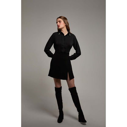 Torsha Black Polyester Midnight Bloom Shirt for Women