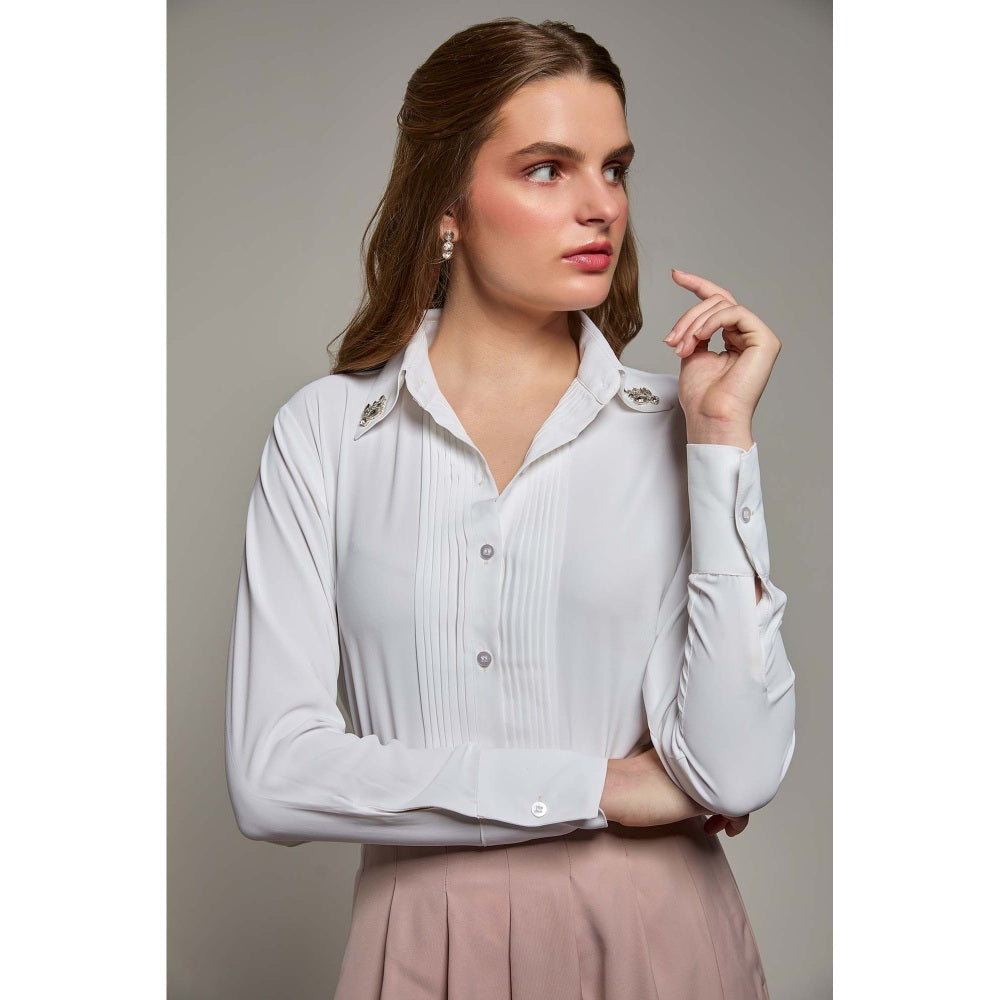 Torsha White Polyester Midnight Bloom Shirt for Women