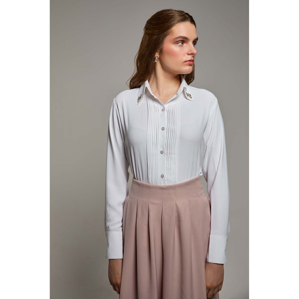 Torsha White Polyester Midnight Bloom Shirt for Women