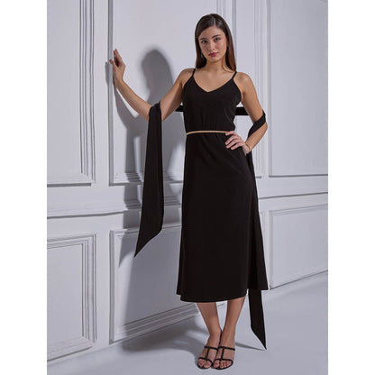 Torsha Black Grace Midi Dress with Stole for Women