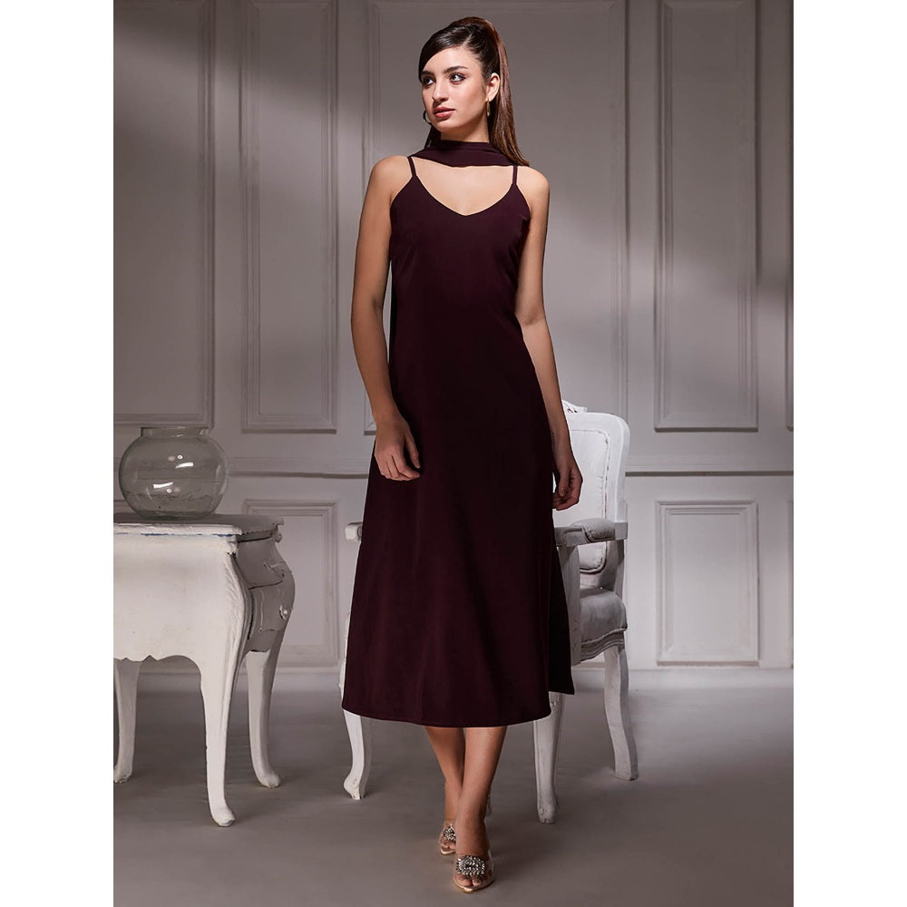 Torsha Maroon Grace Midi Dress with Stole for Women