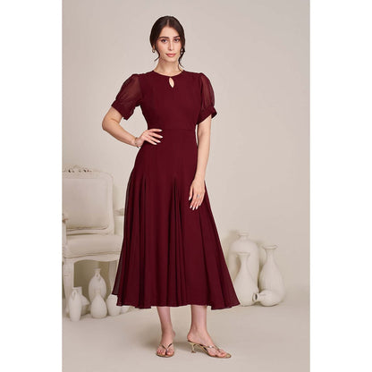 Torsha Womens Maroon Fit and Flare Midi Dress