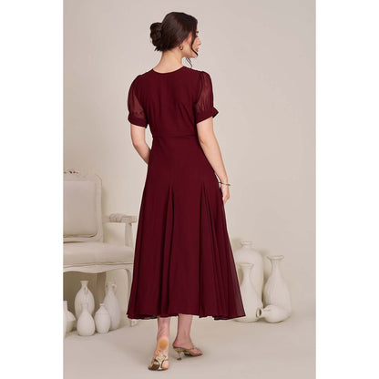 Torsha Womens Maroon Fit and Flare Midi Dress