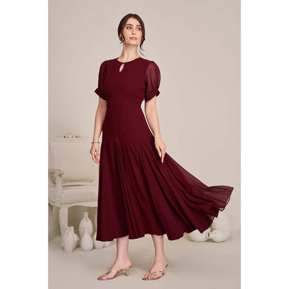 Torsha Womens Maroon Fit and Flare Midi Dress