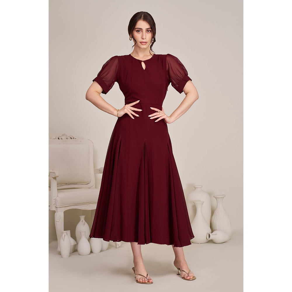 Torsha Womens Maroon Fit and Flare Midi Dress