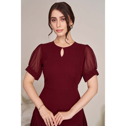 Torsha Womens Maroon Fit and Flare Midi Dress