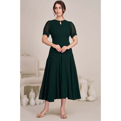 Torsha Womens Green Fit and Flare Midi Dress