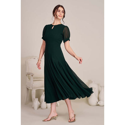 Torsha Womens Green Fit and Flare Midi Dress