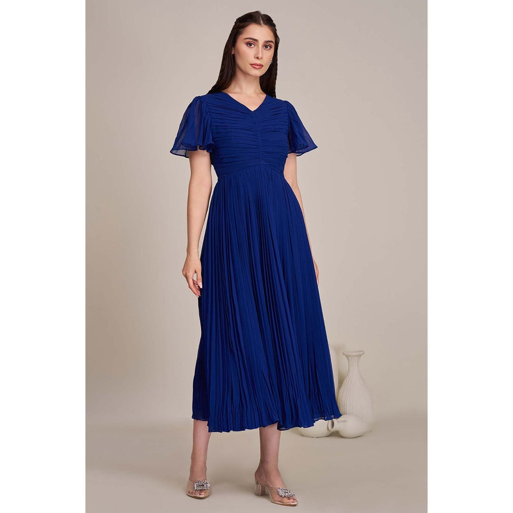 Torsha Womens Royal Blue Pleated Midi Dress