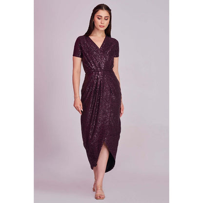 Torsha Womens Wine V-Neck Sequins Dress