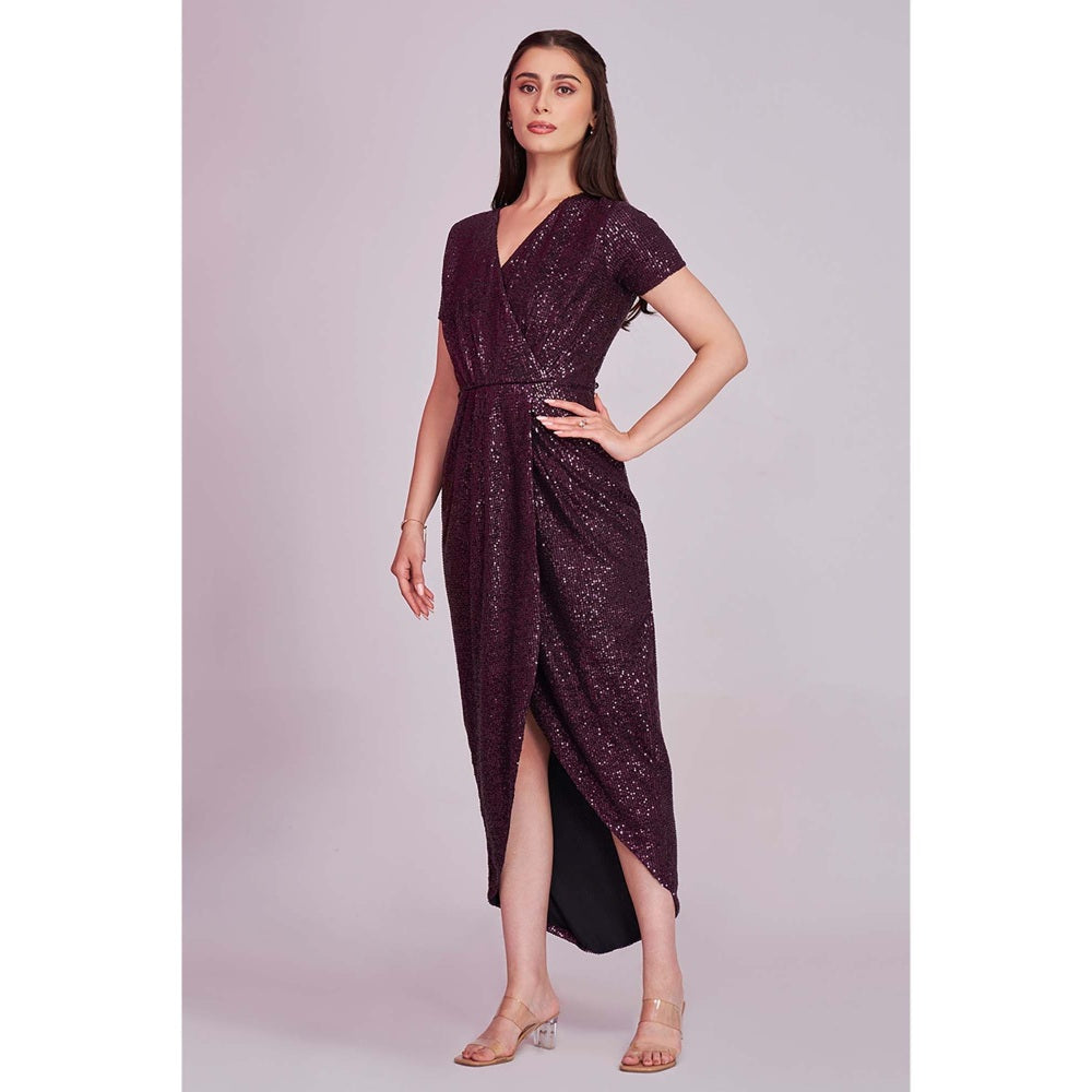 Torsha Womens Wine V-Neck Sequins Dress