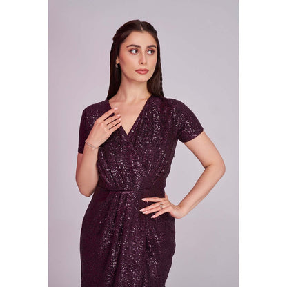 Torsha Womens Wine V-Neck Sequins Dress