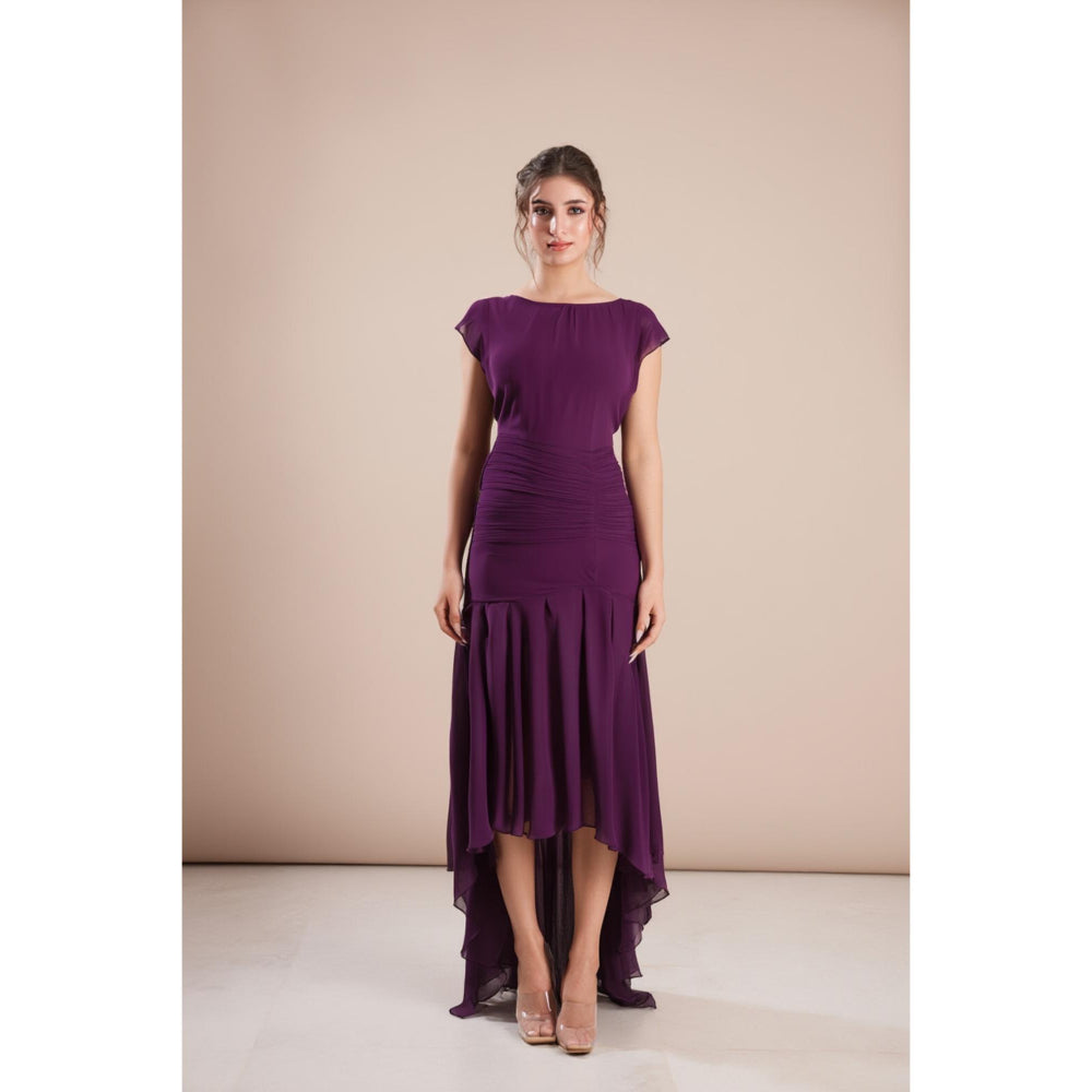 Torsha Deep Purple High-Low Georgette Dress with Ruched Waist