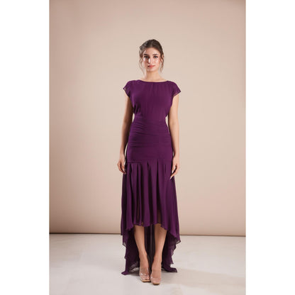 Torsha Deep Purple High-Low Georgette Dress with Ruched Waist