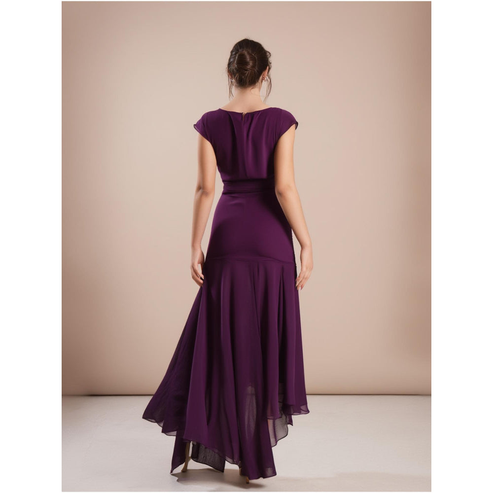 Torsha Deep Purple High-Low Georgette Dress with Ruched Waist