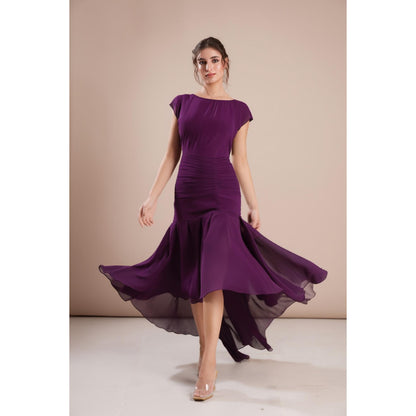 Torsha Deep Purple High-Low Georgette Dress with Ruched Waist