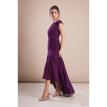 Torsha Deep Purple High-Low Georgette Dress with Ruched Waist
