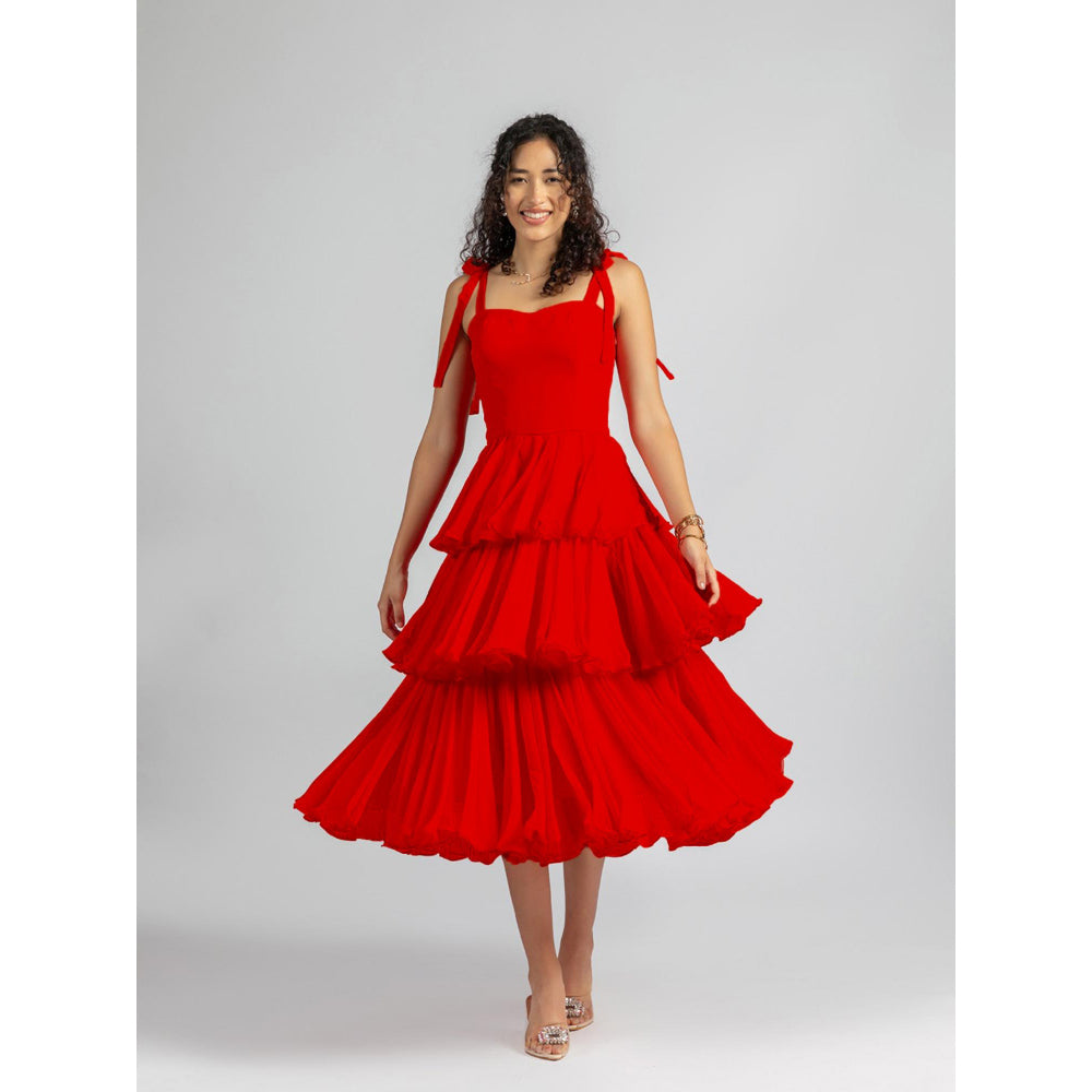 Torsha Strappy Red Ruffle Corset Tiered Midi Dress